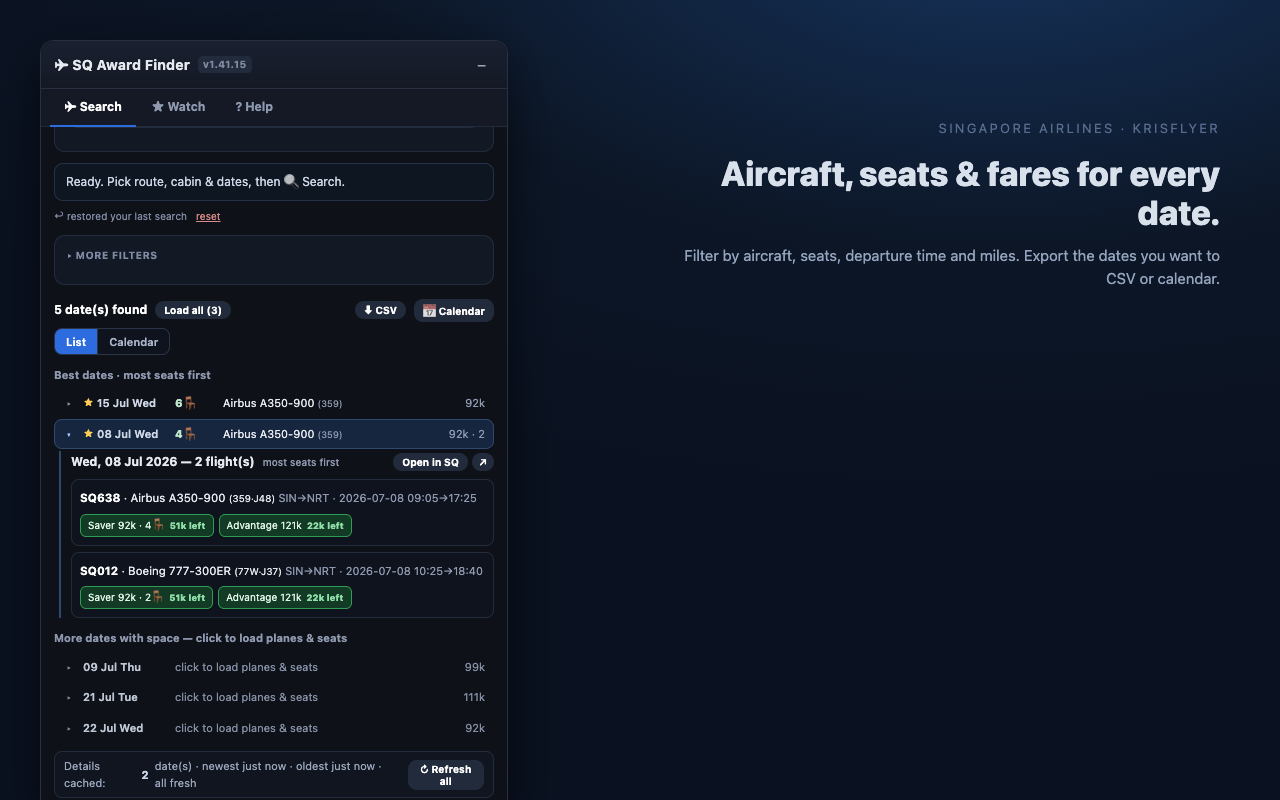 Aircraft, seats and fare tiers for every date